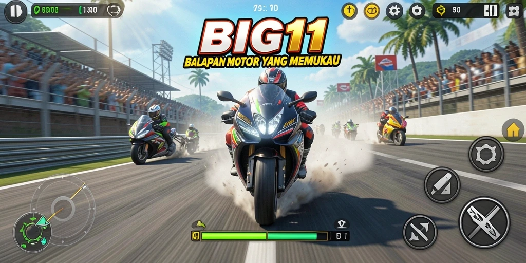 Tampilan gameplay menarik dari BIG11 saat balapan motor.