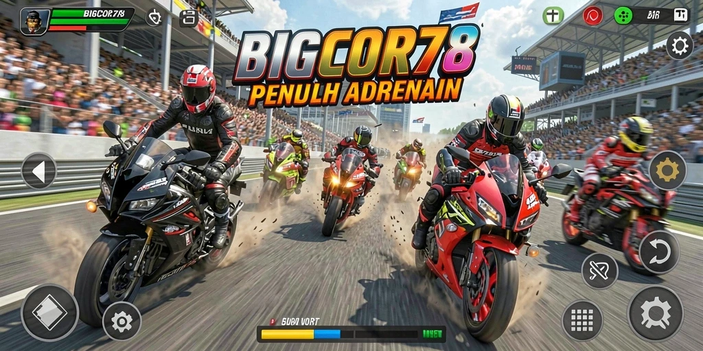 Screenshot gameplay menunjukkan aksi balap motor yang intens.