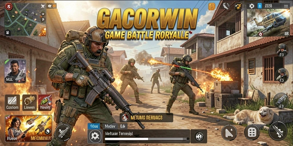 Screenshot GACORWIN menampilkan aksi intens dalam pertempuran Battle Royale.