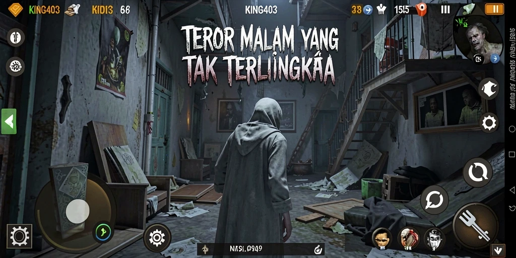 Screenshot KING403 menampilkan suasana gameplay penuh ketegangan dan kengerian.