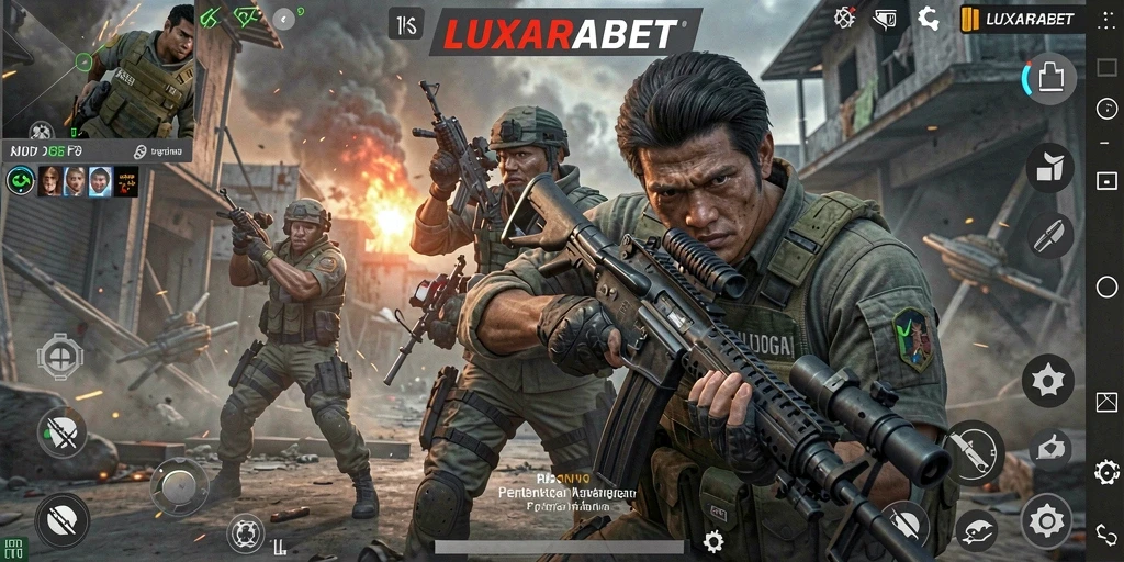 Screenshot utama LUXARABET menampilkan pertempuran mendebarkan dalam mode FPS.