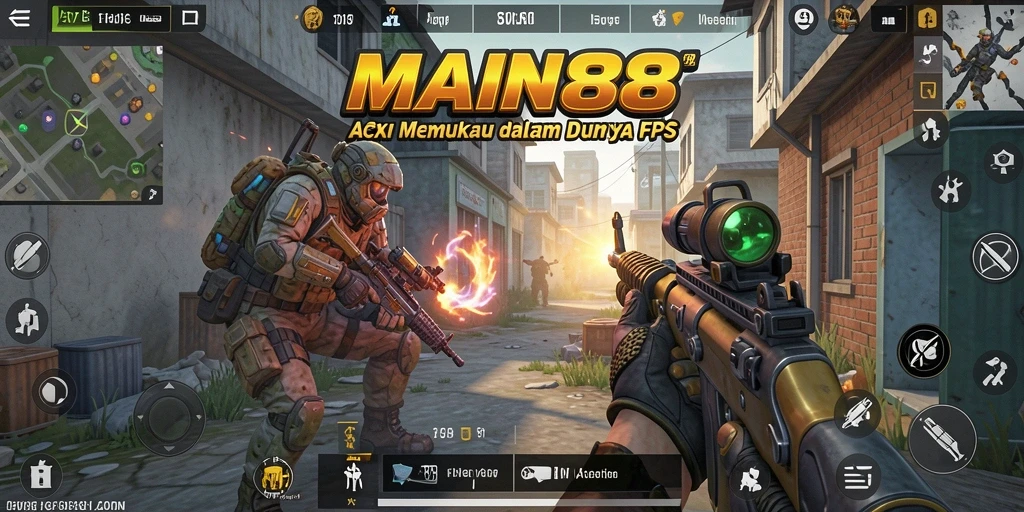 Screenshot utama menampilkan aksi seru dalam gameplay FPS di MAIN88.