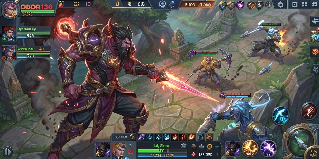 Tangkapan layar menampilkan pertarungan intens dalam game MOBA OBOR138.
