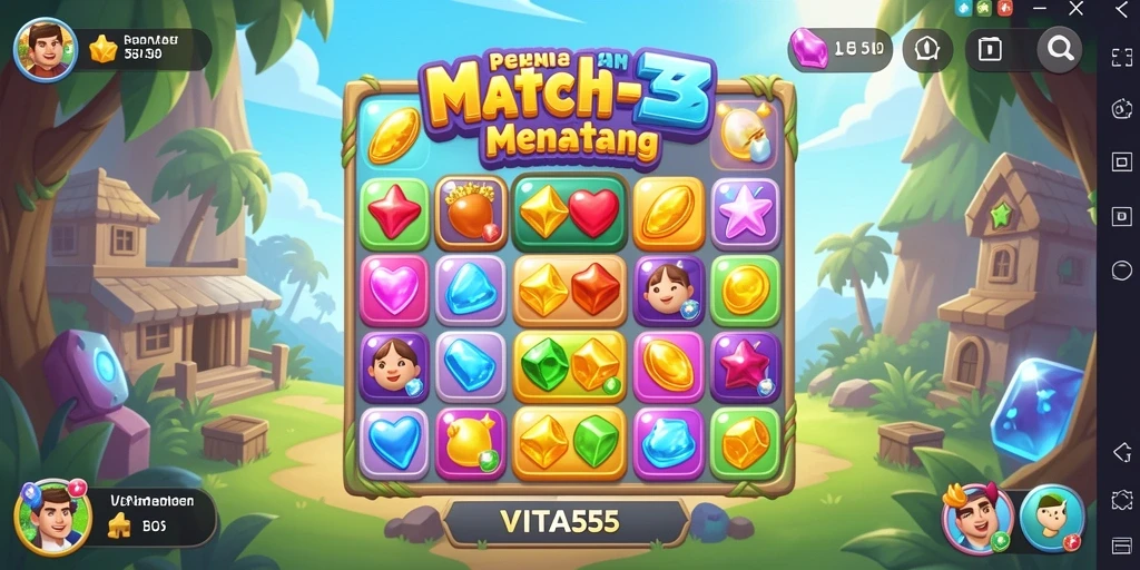 Tampilan seru gameplay VITA555 dengan warna-warni permainan Match-3.