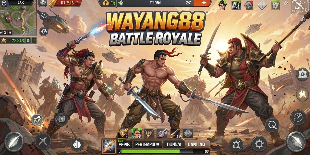 Screenshot utama WAYANG88 menampilkan pertempuran seru di medan perang Battle Royale.