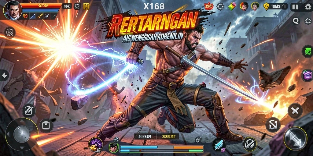 Screenshot gameplay X168 menampilkan aksi pertarungan yang mendebarkan.